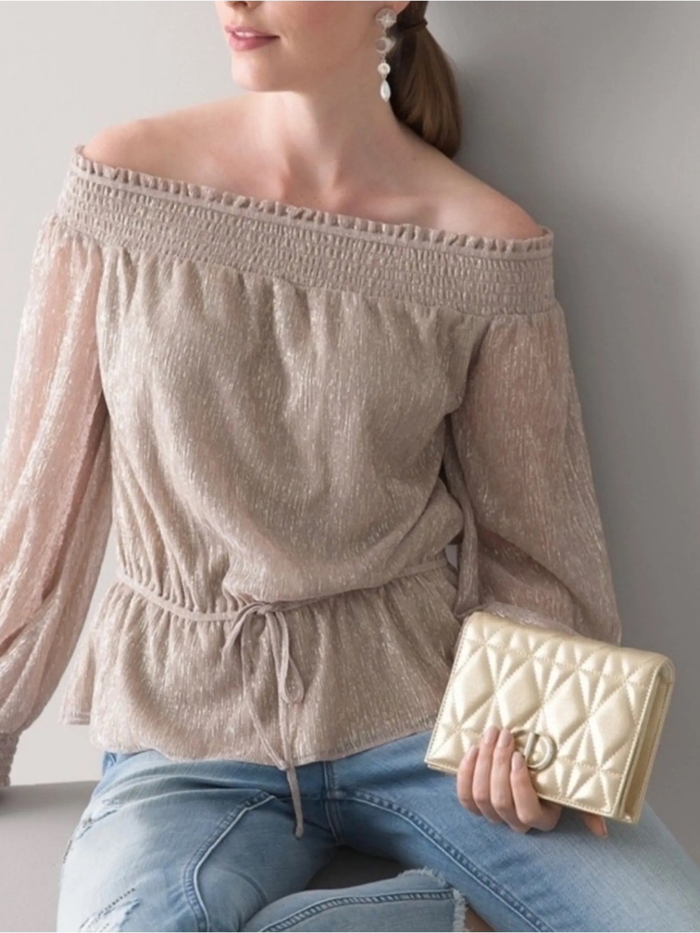 White House Black Market Metallic Taupe Elasticized Off-Shoulder Top